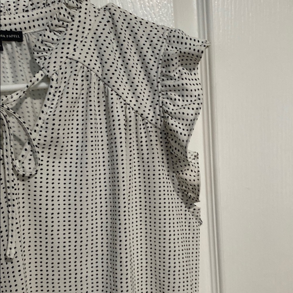 Adrianna Papell Ruffled Flutter Sleeve Blouse in White and Black - Picture 5 of 11